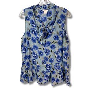 Joe Fresh XL Blue Floral Peplum 100% Silk Button Tank Cottage Boho Workwear Chic